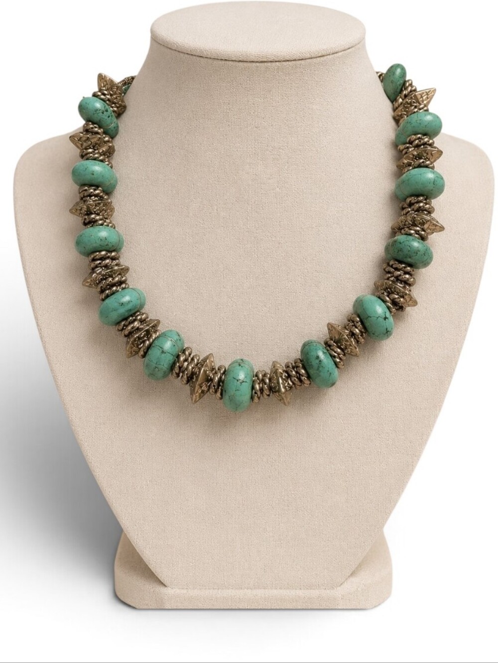Artisan Boho Chunky Turquoise & Antique Brass Flower Toggle Statement Necklace